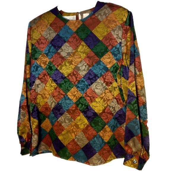 La Chine Classic Blouse Size 12 Satin Polyester Patch Look Rose Long Slv Vintage - Picture 1 of 16